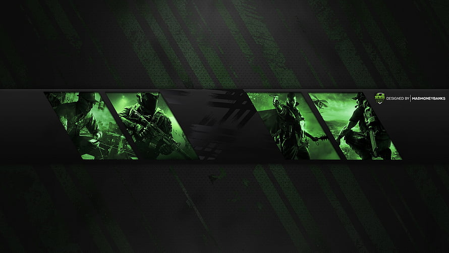 Dark Green Military Gaming Banner with Tactical Soldier Silhouettes and Diagonal Stripes HD wallpaper