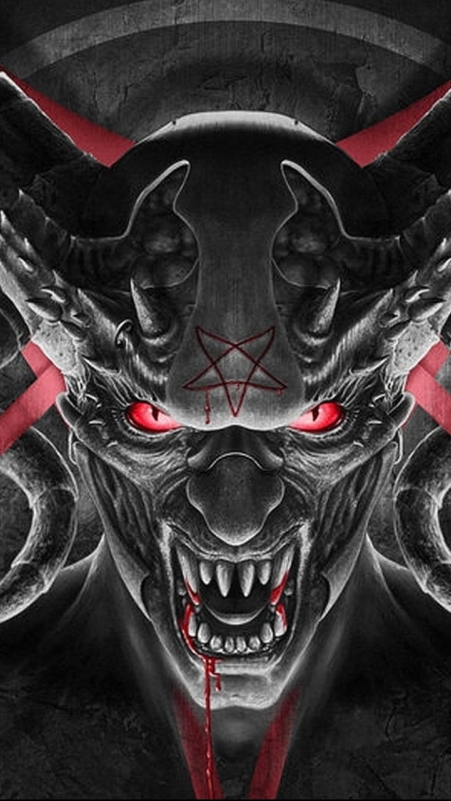 Menacing Horned Demon Portrait With Glowing Red Eyes And Pentagram Mark HD phone wallpaper