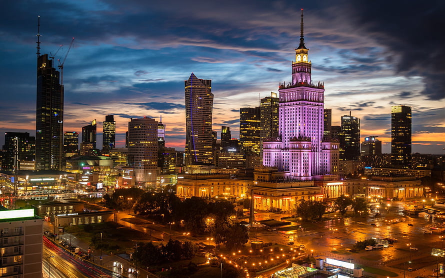 Warsaw Cityscape at Dusk Featuring the Palace of Culture and Science HD wallpaper