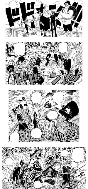 One Piece Manga Panel Spread Featuring Luffy, Zoro, Sanji, and Straw Hat Crew in Dynamic Black and White Action Scenes HD phone wallpaper