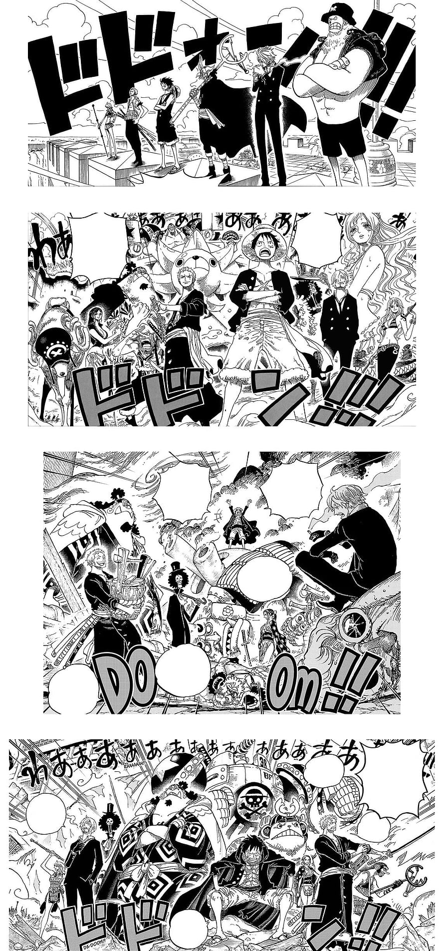 One Piece Manga Panel Spread Featuring Luffy, Zoro, Sanji, and Straw Hat Crew in Dynamic Black and White Action Scenes HD phone wallpaper