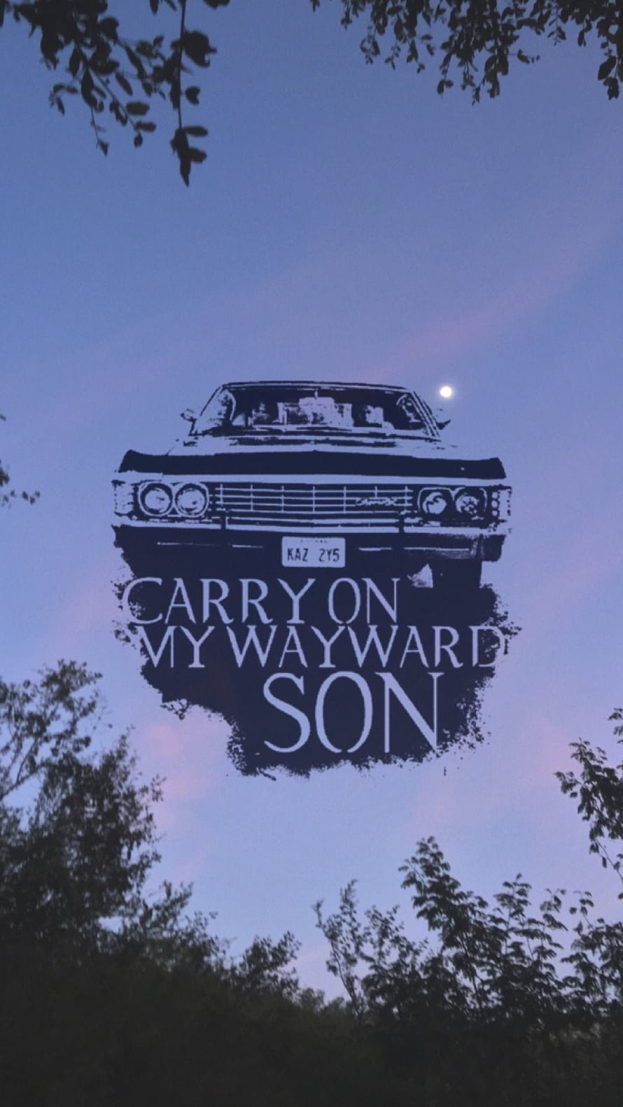 Carry On My Wayward Son Vintage Car Poster with Twilight Sky and Tree Silhouettes HD phone wallpaper