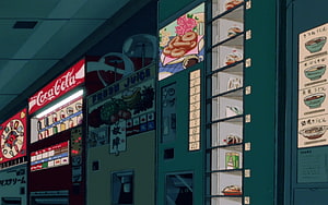 Retro 80s Anime Aesthetic Featuring Japanese Vending Machines and Nighttime Street Scene HD wallpaper