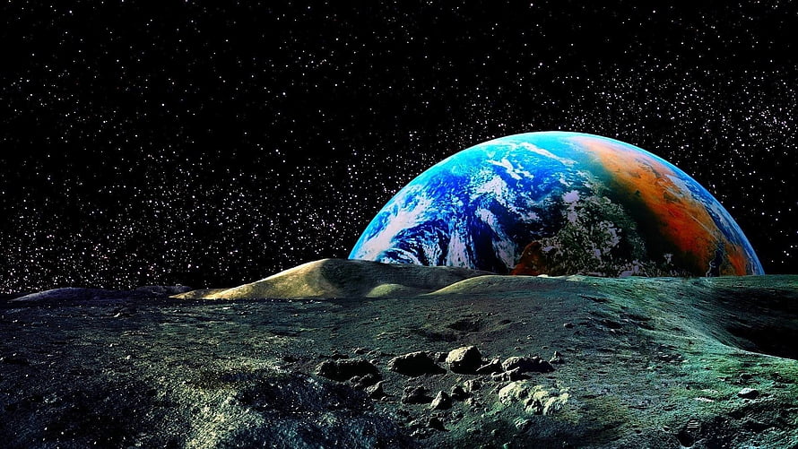 Earth Rising Over a Rocky Lunar Landscape in Deep Space HD wallpaper