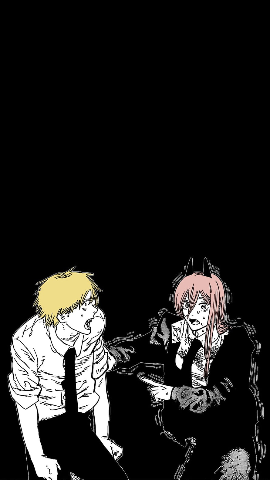 Chainsaw Man Power and Denji Confrontation Scene on Black Background HD phone wallpaper