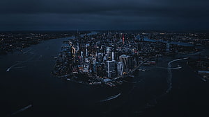 Aerial Night View of Lower Manhattan Skyline and Harbor HD wallpaper