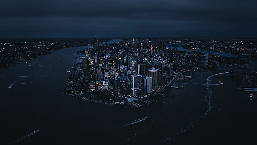 Aerial Night View of Lower Manhattan Skyline and Harbor HD wallpaper