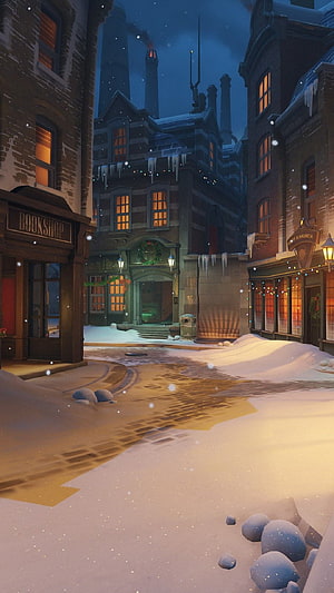 Cozy Snowy Village Street at Night with Warm Bookshop Lights and Falling Snowflakes HD phone wallpaper