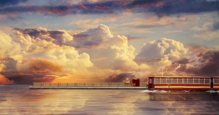Spirited Away Train Station at Sunset with Dramatic Clouds and Water Reflection HD wallpaper