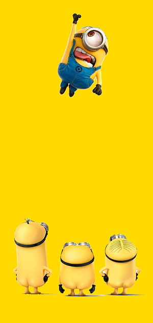 Minions Jumping and Standing on Yellow Background HD phone wallpaper