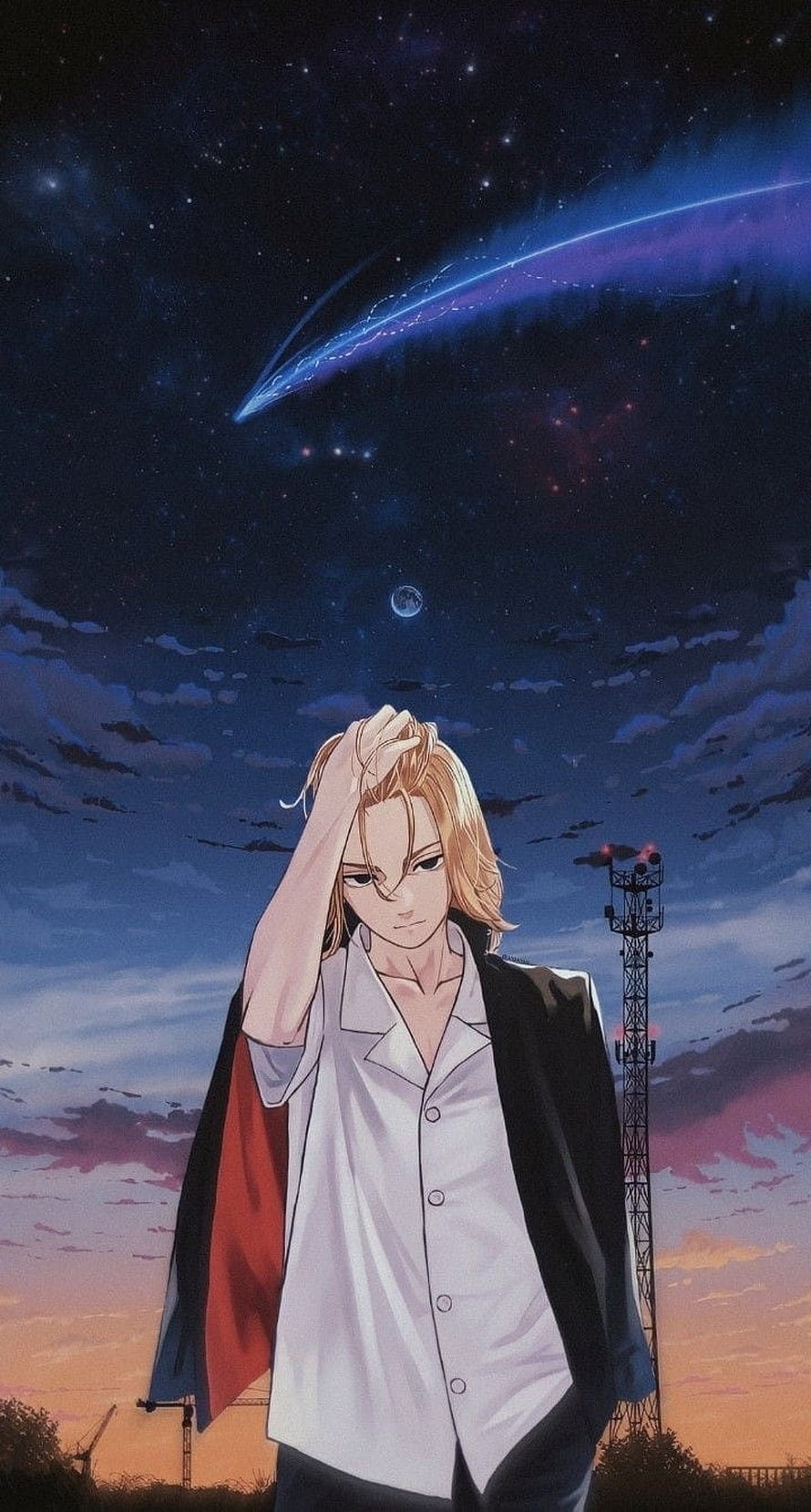 Mikey from Tokyo Revanche Standing Under a Starry Night Sky with a Shooting Star HD phone wallpaper