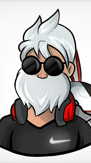 Cartoon Portrait of a White-Bearded Man Wearing Round Sunglasses and Red Headphones, Fire Attitude, Cartoon Logo HD phone wallpaper