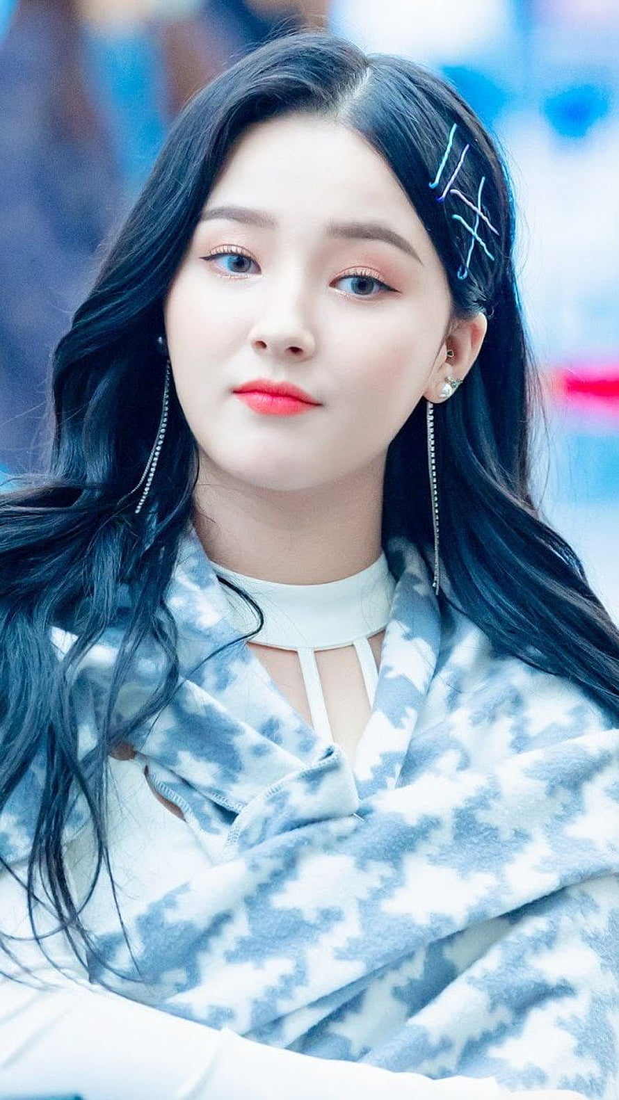 Nancy from Momoland in a Blue Camouflage Jacket with Hair Clips and Long Earrings HD phone wallpaper