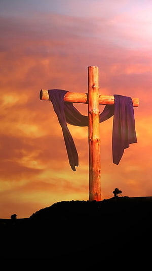 Wooden Christian Cross With Purple Cloth Against Vibrant Sunset Sky HD phone wallpaper