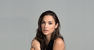 Gal Gadot Studio Portrait in Black Sleeveless Top Against Neutral Gray Background HD wallpaper