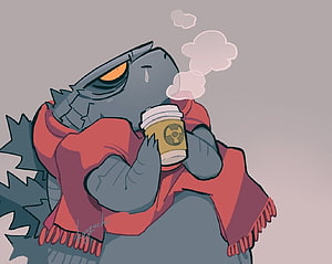 Cute Godzilla Cuddling a Steaming Coffee Cup in a Cozy Red Scarf HD wallpaper