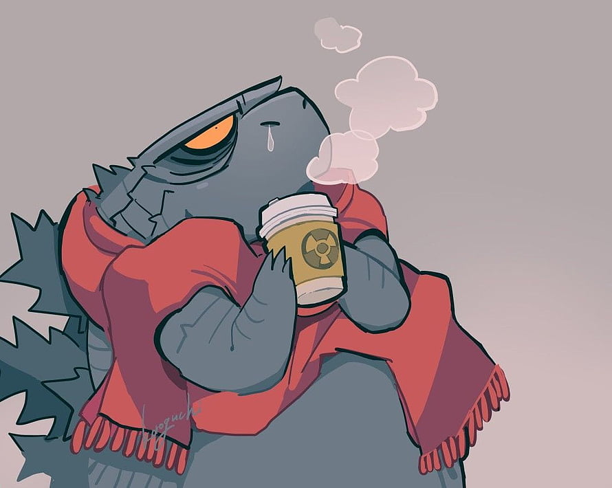 Cute Godzilla Cuddling a Steaming Coffee Cup in a Cozy Red Scarf HD wallpaper