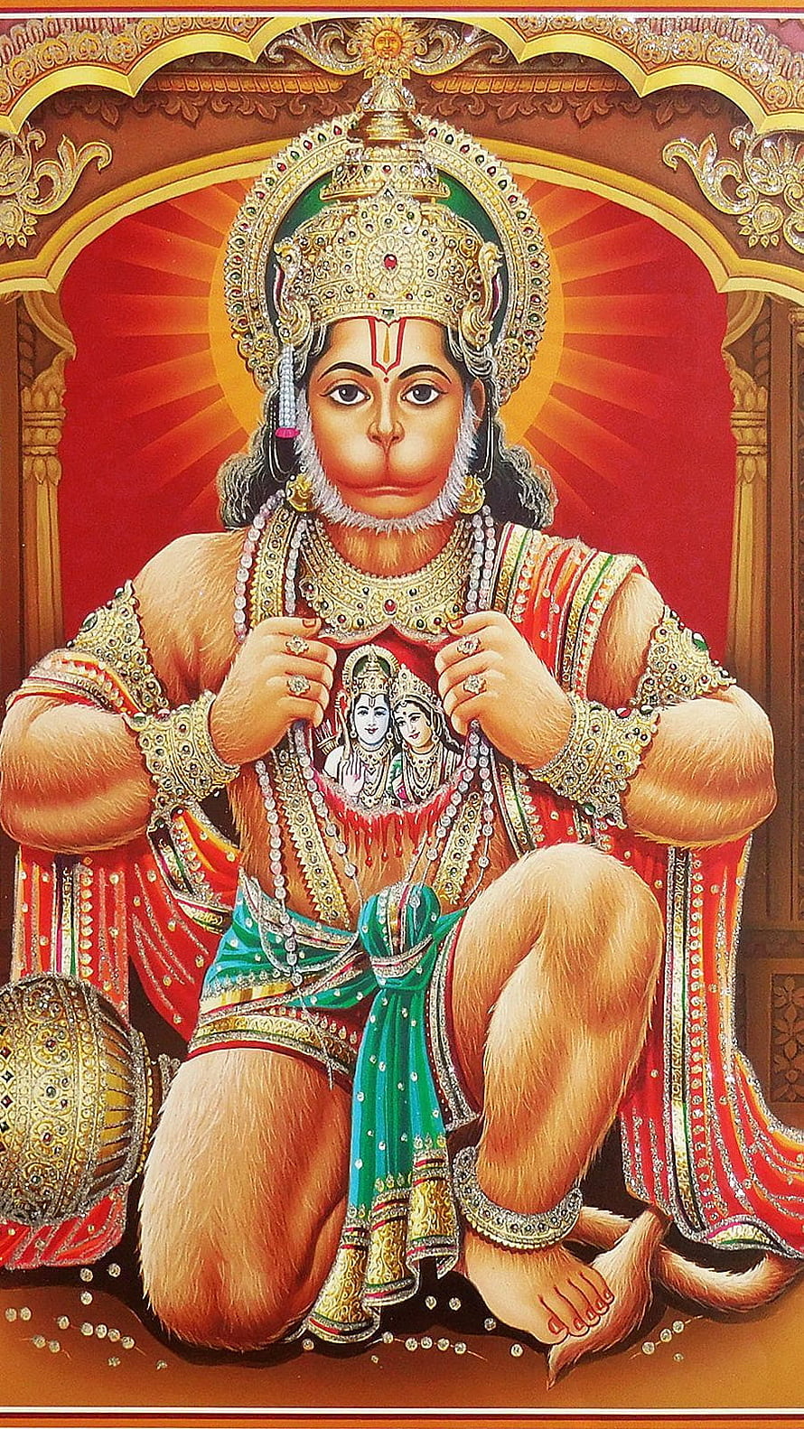 Lord Hanuman Devotional Portrait in Royal Attire with Ornate Crown and Sacred Garland HD phone wallpaper