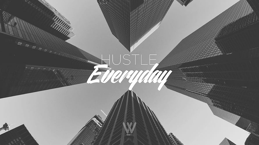 Black and White Urban Skyline with Hustle Everyday Typography HD wallpaper