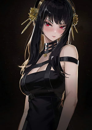 Yor Forger from Spy x Family in a black dress with gold floral hair ornaments and red eyes HD phone wallpaper