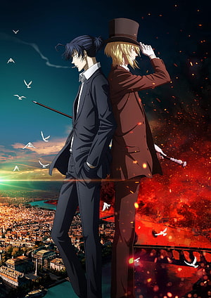 Moriarty the Patriot anime artwork featuring two men in formal suits standing back to back over a cityscape HD phone wallpaper