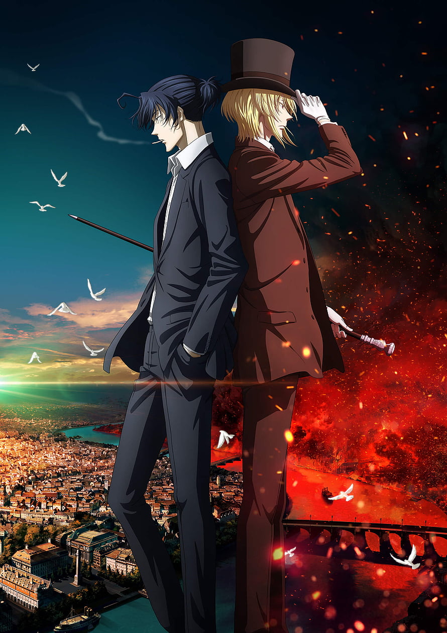 Moriarty the Patriot anime artwork featuring two men in formal suits standing back to back over a cityscape HD phone wallpaper