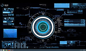 Futuristic Blue Holographic HUD Interface with Central Circular Display and Data Panels HD wallpaper