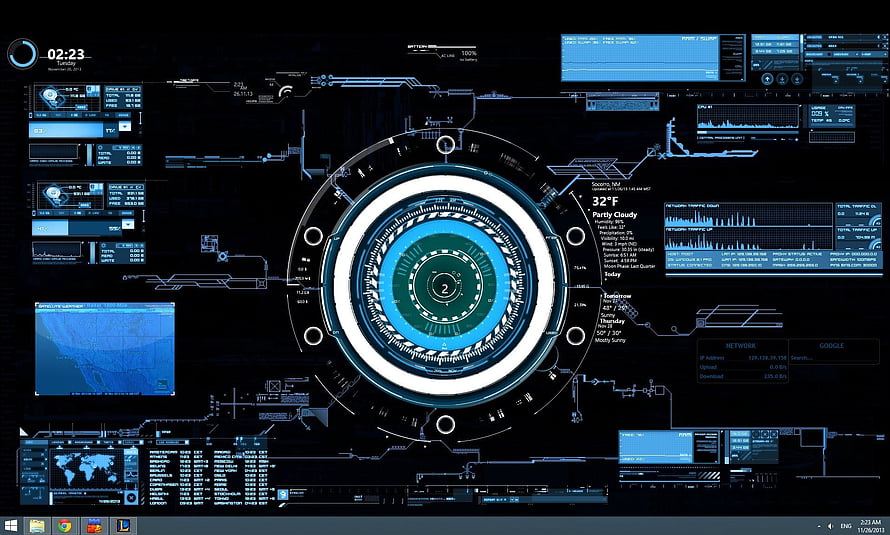 Futuristic Blue Holographic HUD Interface with Central Circular Display and Data Panels HD wallpaper