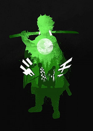 Demon Slayer Green Silhouette Artwork with Moon and Forest Double Exposure HD phone wallpaper