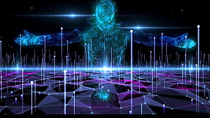 Glowing Digital Human Hologram Over Neon Geometric Data Grid HD wallpaper