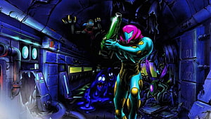 Samus Aran in Power Suit Aiming Beam Gun in Dark Sci-Fi Corridor with Alien Enemies HD wallpaper