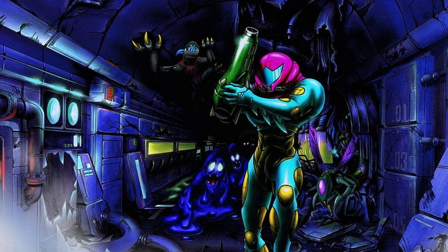 Samus Aran in Power Suit Aiming Beam Gun in Dark Sci-Fi Corridor with Alien Enemies HD wallpaper