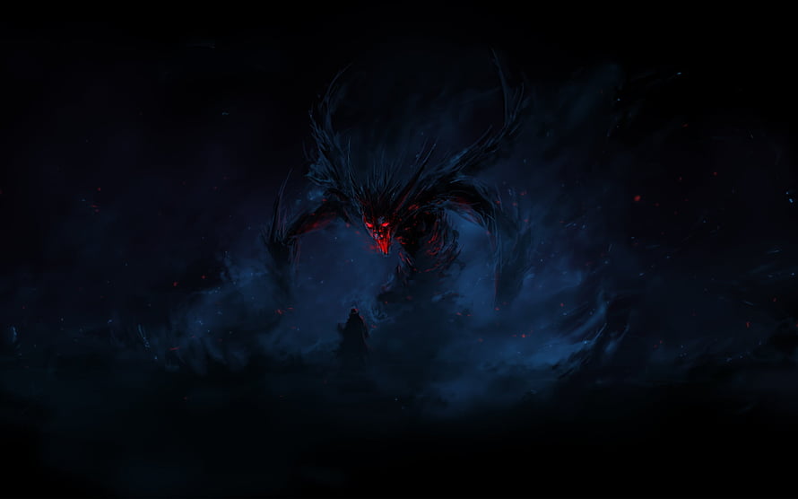 Dark Fantasy Demon Emerging From Swirling Black Smoke With Glowing Red Eyes HD wallpaper