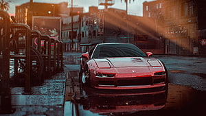 Red Honda NSX parked on a wet city street at dusk with cinematic lighting and reflections HD wallpaper