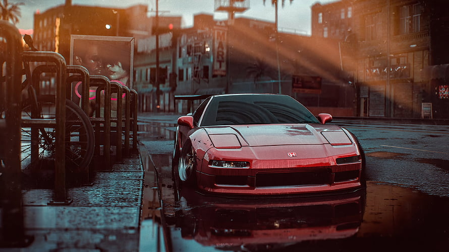 Red Honda NSX parked on a wet city street at dusk with cinematic lighting and reflections HD wallpaper
