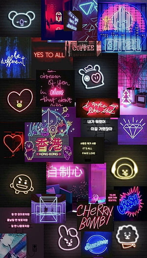 BT21 Neon Sign Collection with K-Pop Lyrics and Character Icons HD phone wallpaper