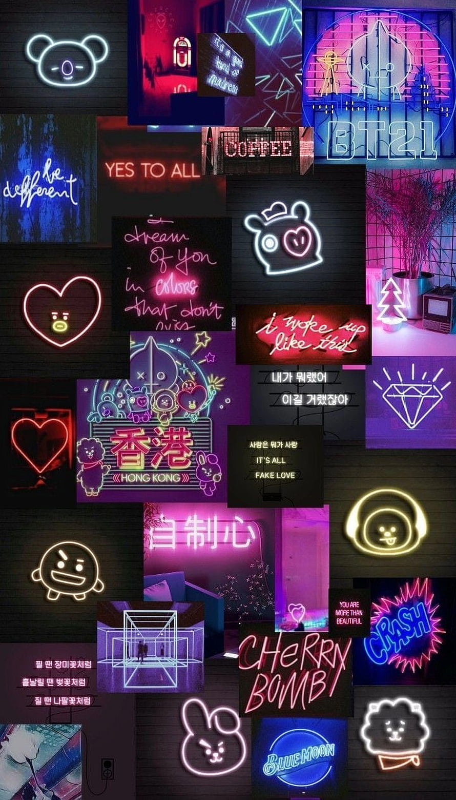 BT21 Neon Sign Collection with K-Pop Lyrics and Character Icons HD phone wallpaper