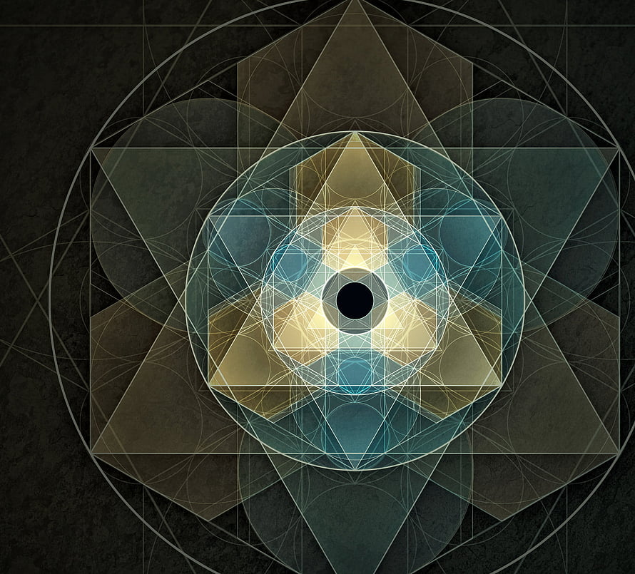 Sacred Geometry Mandala with Golden and Teal Triangles on Dark Textured Background HD wallpaper