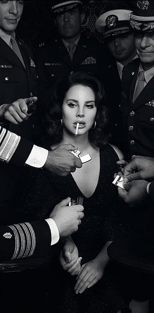 Lana Del Rey in Black and White Surrounded by Military Officers HD phone wallpaper