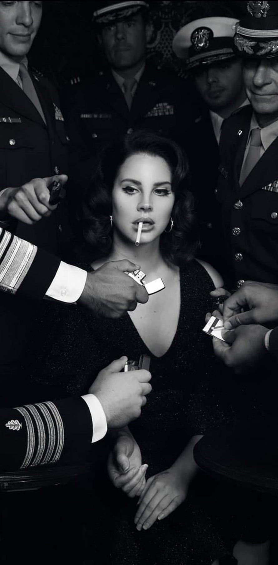 Lana Del Rey in Black and White Surrounded by Military Officers HD phone wallpaper