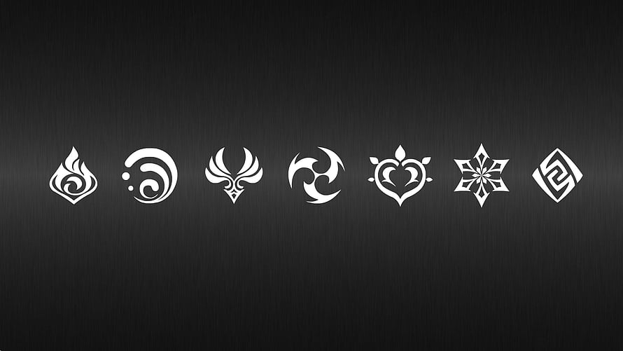 Genshin Impact Seven Elemental Symbols on Dark Brushed Metal Background HD wallpaper