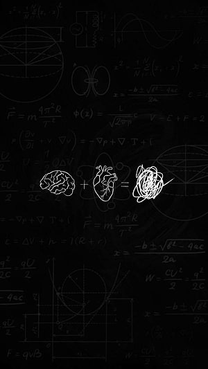 Brain Plus Heart Equals Chaos: Scientific Formula Concept on Black Chalkboard HD phone wallpaper