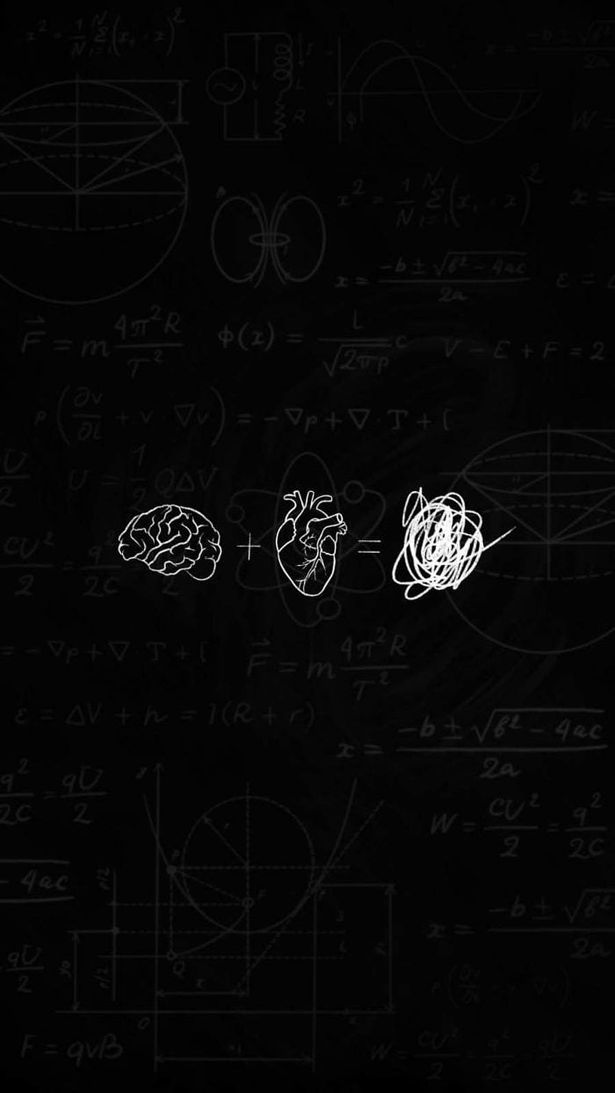Brain Plus Heart Equals Chaos: Scientific Formula Concept on Black Chalkboard HD phone wallpaper