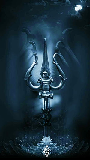 Lord Shiva Trishula with Lotus and Serpent in Mystical Moonlit Setting HD phone wallpaper