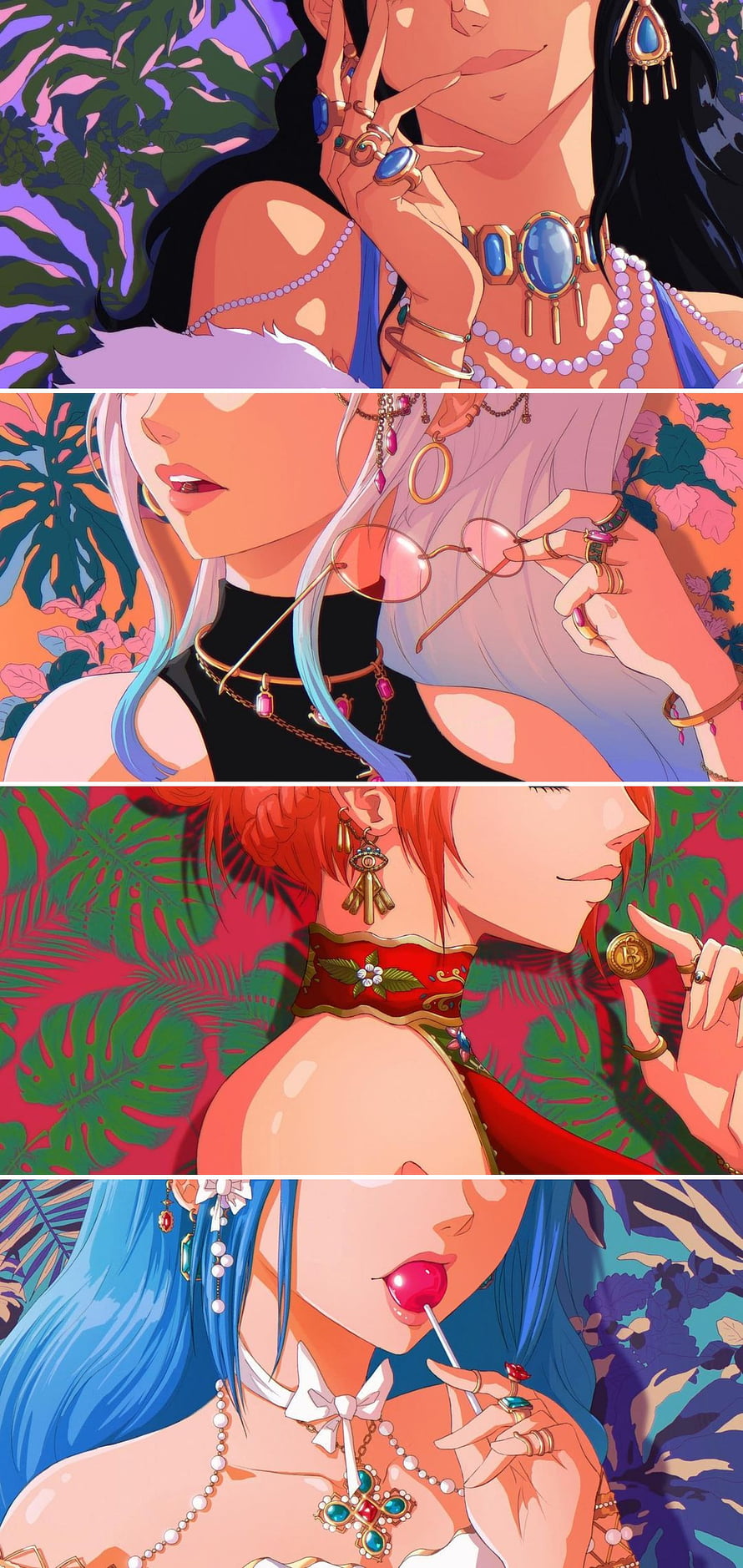 One Piece Female Characters in Tropical Fashion with Jewelry and Vibrant Botanical Backgrounds HD phone wallpaper