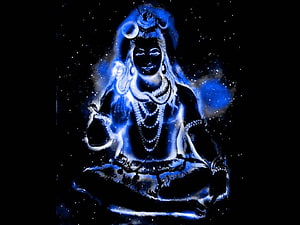 Glowing Blue Lord Shiva Meditating in Cosmic Darkness with Crescent Moon and Rudraksha HD wallpaper