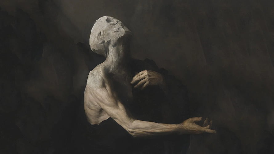 Zdzisław Beksiński Dark Surrealist Painting of a Gaunt Emaciated Figure HD wallpaper
