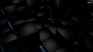 Dark 3D Geometric Cubes with Neon Blue Edge Lighting HD wallpaper