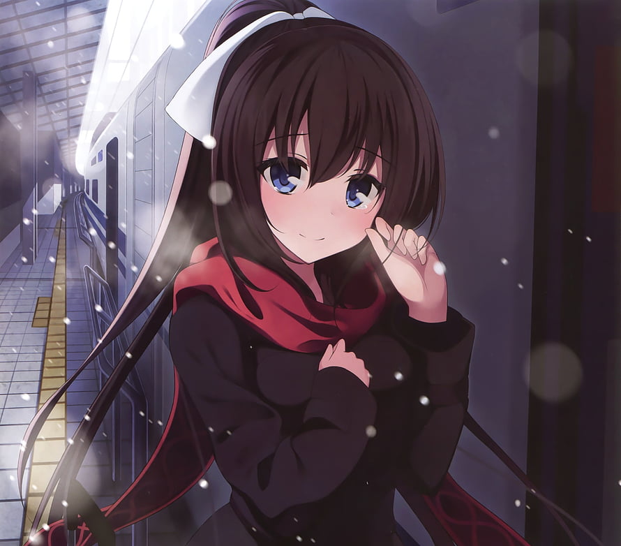 Anime girl with blue eyes and a red scarf standing on a snowy train platform HD wallpaper