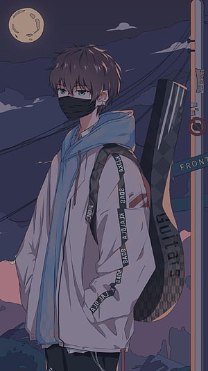 Anime Boy with Guitar Case and Face Mask Under Moonlight HD phone wallpaper